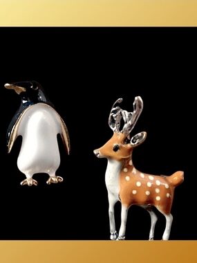 Enamel Penguin & Spotted Deer Pin Set